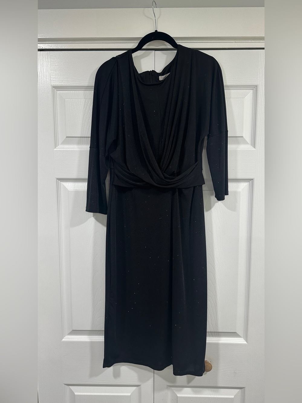 London Times Black Long-Sleeve Draped Evening Dress